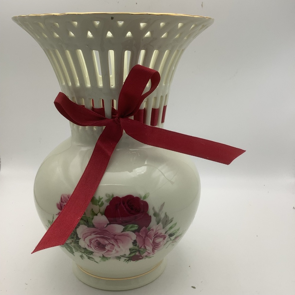 Formalities by Baum Bros. Victorian Rose Vase with Red Ribbon Accent